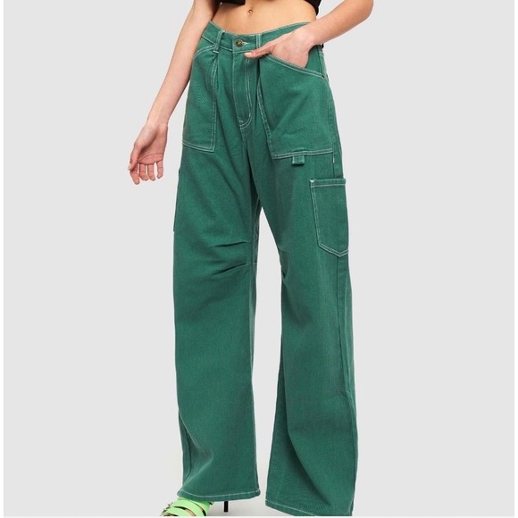 Lioness Pants - Lioness Miami Vice Green Contrast Stitch Cargo Barrel Leg Carpenter Pants XXS